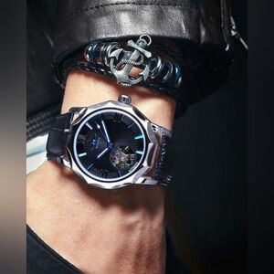 MENS BLACK GEOMETRY SKELETON DIAL LEATHER BAND WATCH